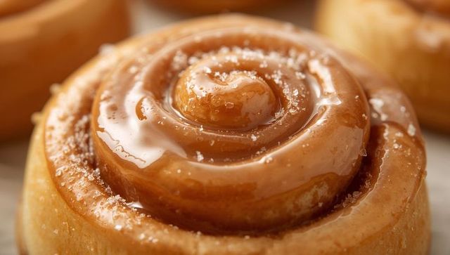 Glossy Caramel Cinnamon Roll Spiral with Sparkling Sugar Crystals Macro