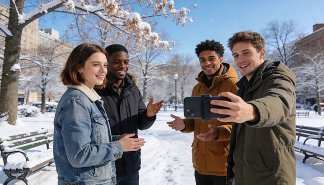 Smiling group taking snowy selfie in urban park wearing parkas, denim, winter jackets