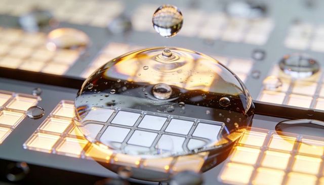 Macro water droplet forming on illuminated led tile grid, falling drop and microbubbles