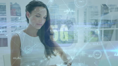 Businesswoman in office environment engaging with laptop where digital interface displays concepts related to 5G technology. Ideal for illustrating advancements in connectivity and wireless communication in modern business settings, usable for tech blogs and modern workplace features.
