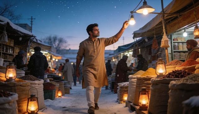 Man in kurta adjusting light while walking through snowy spice bazaar at dusk
