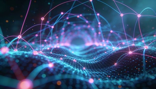 Neon data mesh tunnel with pulsing nodes and arcing connections in futuristic grid
