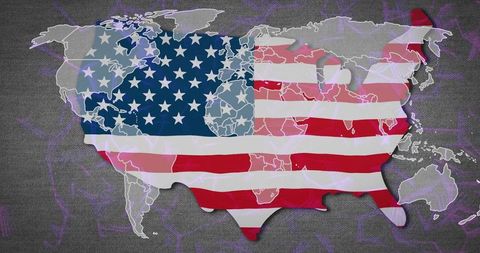 Usa silhouette with flag on dark background featuring world map