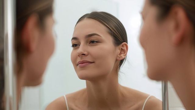 Young woman smiling at mirror reflection wearing thin-strap camisole at bathroom vanity