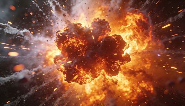 Massive fiery explosion with central fireball, molten embers, sparks and shockwave