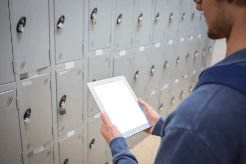 man with tablet in locker room transparent screen concept - Download Free Stock Videos Pikwizard.com