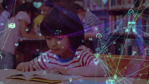 Child Reading in Library with Digital Interface Overlay