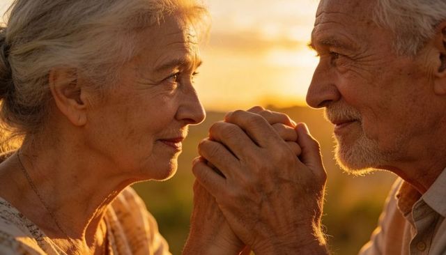 Senior couple holding hands sharing tender gaze at golden hour sunset backlit romance