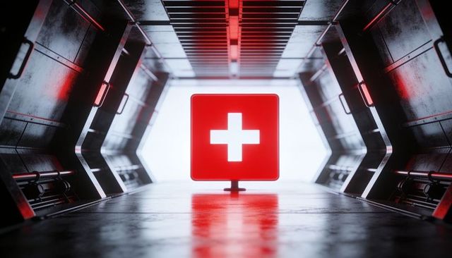 Futuristic red medical cross sign glowing and reflecting in metallic sci-fi corridor