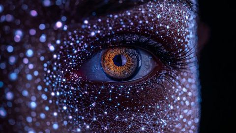 Staring amber iris with neon projection mapping, biometric network dots, futuristic gaze