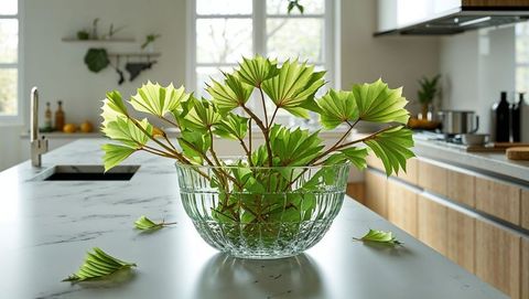 Elegant green ginkgo-like fan-shaped leaves in glass bowl on marble island