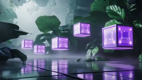 Mystical Cubes with Circuit Patterns Floating in Enchanted Forest