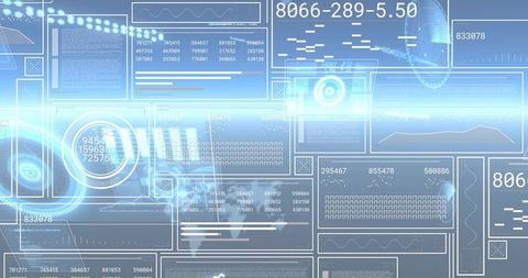 Futuristic Holographic HUD Display with Translucent Telemetry Panels, Radars, Neon Grid