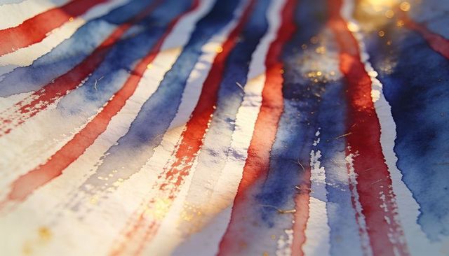 Flowing watercolor red and blue stripes with gold flecks on textured paper macro abstract
