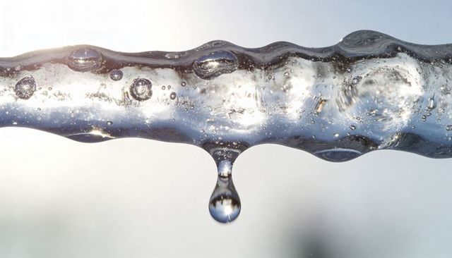 Sunlit crystal ice coating wire with hanging droplet and trapped air bubbles, macro