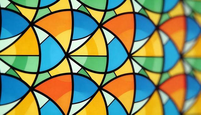 Vibrant Geometric Stained Glass Pattern Featuring Blue Orange Yellow Green Tessellation