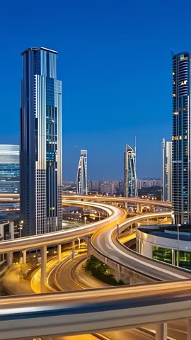 Vertical video of traffic weaving through illuminated multi-level interchange at dusk