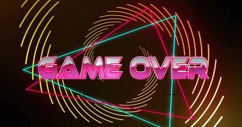 Neon pink game over retro synthwave endcard with cyan triangle and yellow arc elements