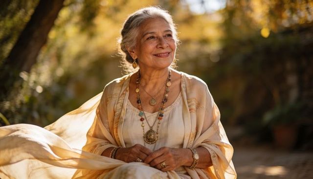 Senior woman gazing in sunlit courtyard wearing cream dress and layered boho necklaces