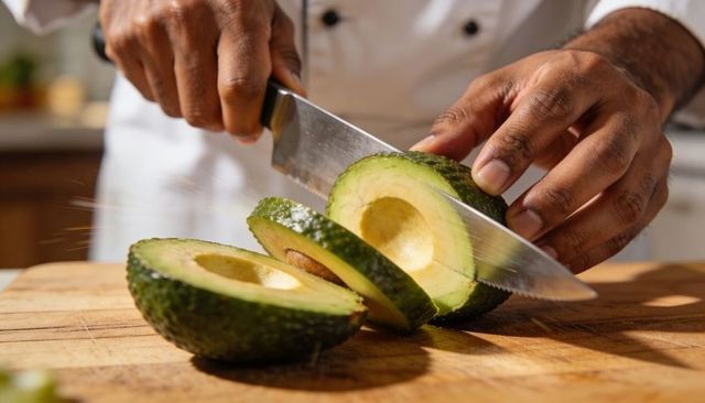 Chef slicing ripe avocado on wooden board with sharp knife closeup pro kitchen prep