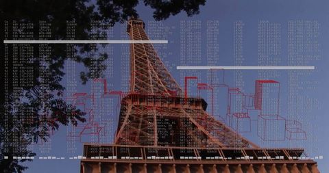 Eiffel Tower with Data Overlay against Blue Paris Sky