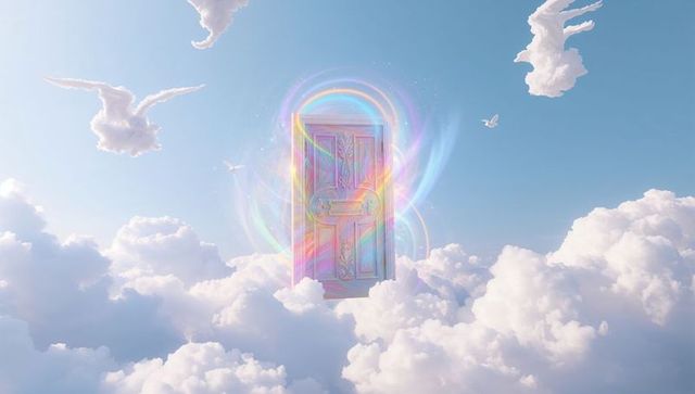 Fantasy door floating among clouds with ethereal glow