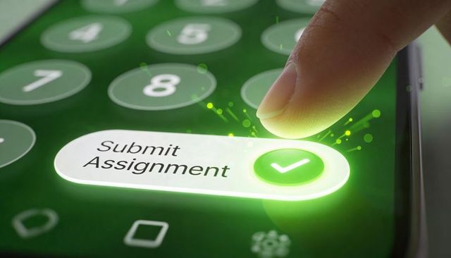 Tapping fingertip on glowing checkmark Submit Assignment button on smartphone touchscreen app