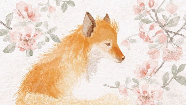 Watercolor Fox Surrounded by Blossoms with Nature Motif
