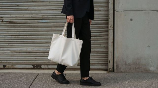 Professional walking with white tote bag in urban setting