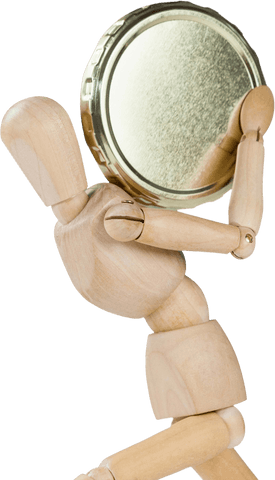 Transparent wooden figurine holding glossy gold coin