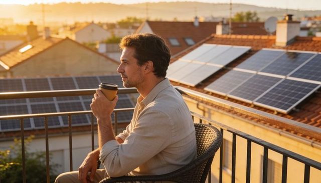 Man sipping coffee on balcony watching rooftop solar panels at sunset