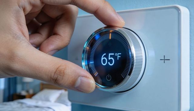 Hand adjusting smart thermostat dial displaying 65°f for home climate control