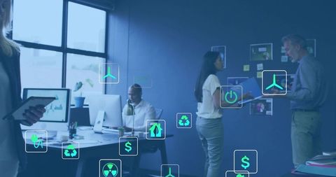 Team collaborating on sustainable business strategy with eco tech icons in modern office