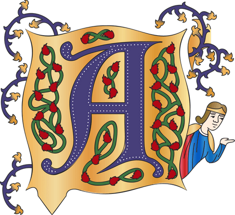 Transparent gold illuminated letter a featuring red-bud vines and gesturing medieval figure