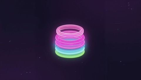 Hovering Neon Ring Stack in Cosmic Gradient with Translucent Glowing Halos