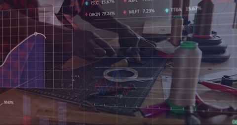 Craftsman Cutting Leather in Workshop with Stock Market Tickers Overlay