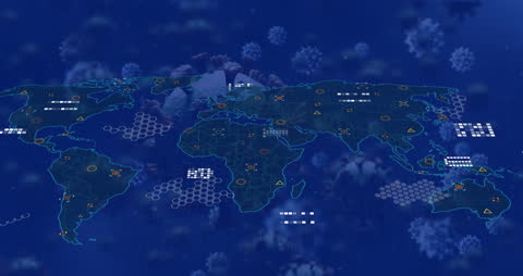 Futuristic Digital World Map with Virus Cells Overlay