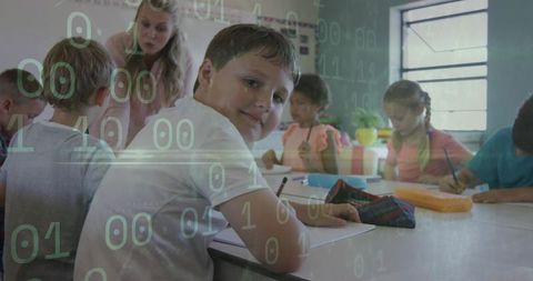 Smiling schoolboy with binary overlay signaling coding and STEM learning in classroom