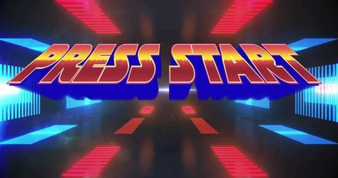 Press start 3d neon retro logo floating over futuristic tunnel with cyan magenta glow