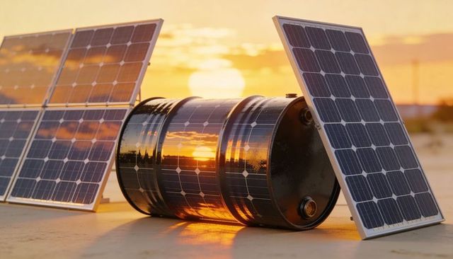 Reflecting oil barrel lying beside solar panels at sunset showcasing energy transition
