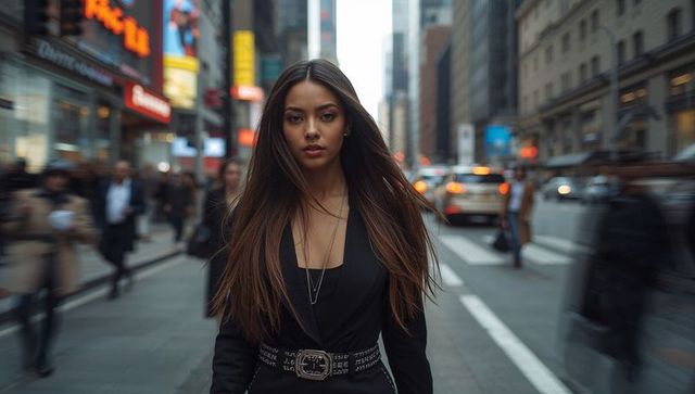 Confident Asian woman walking busy city street in black streetstyle outfit with belt