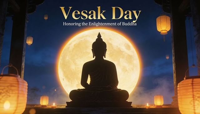 Vesak day buddha silhouette meditating before full moon with lanterns and candlelight