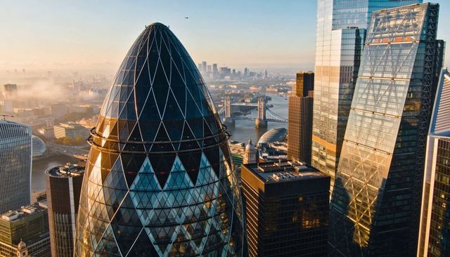 Sunlit gherkin and river thames panorama at golden hour with tower bridge and skyline