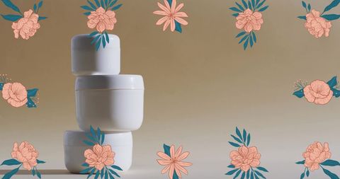 Organic cosmetic jars with floral border on neutral background