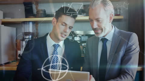 Businessmen Collaborating with Tablet and Geometric Holograms