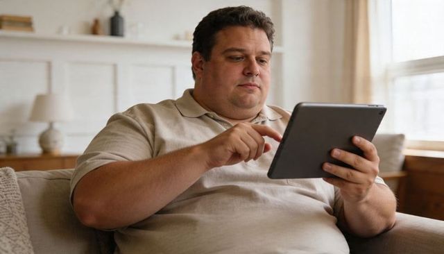 Adult male using tablet while relaxing on sofa in sunlit modern living room wearing beige polo