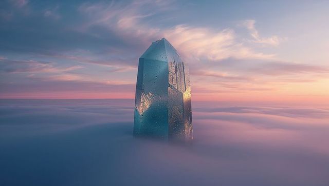 Translucent crystal monolith rising above sea of clouds catching warm sunset glow