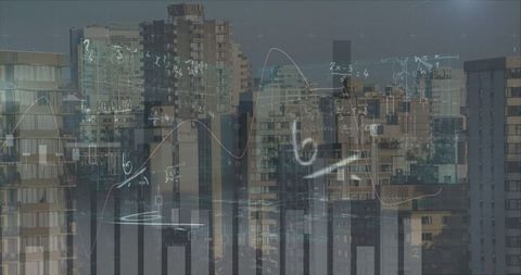 Financial data and mathematical graphs overlay on city skyline