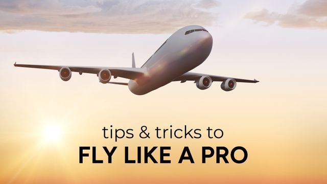 Image portrays a commercial airplane with a text overlay, flying during a beautiful sunset. Suitable for travel blogs, aviation websites, or any content related to air travel. Ideal for promoting travel tips, airline services, and flight-related content.