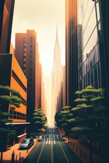 Image depicts morning sunlight flooding an urban street lined with tall buildings and green trees. Ideal for representing city life, modern architecture, and urban planning. Could be used in travel advertisements, business promotional materials, or websites about city infrastructure.